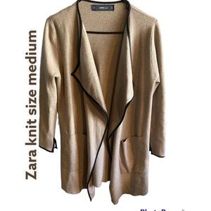 Zara Open front Cream Drape Cardigan Faux Leather Trim size M